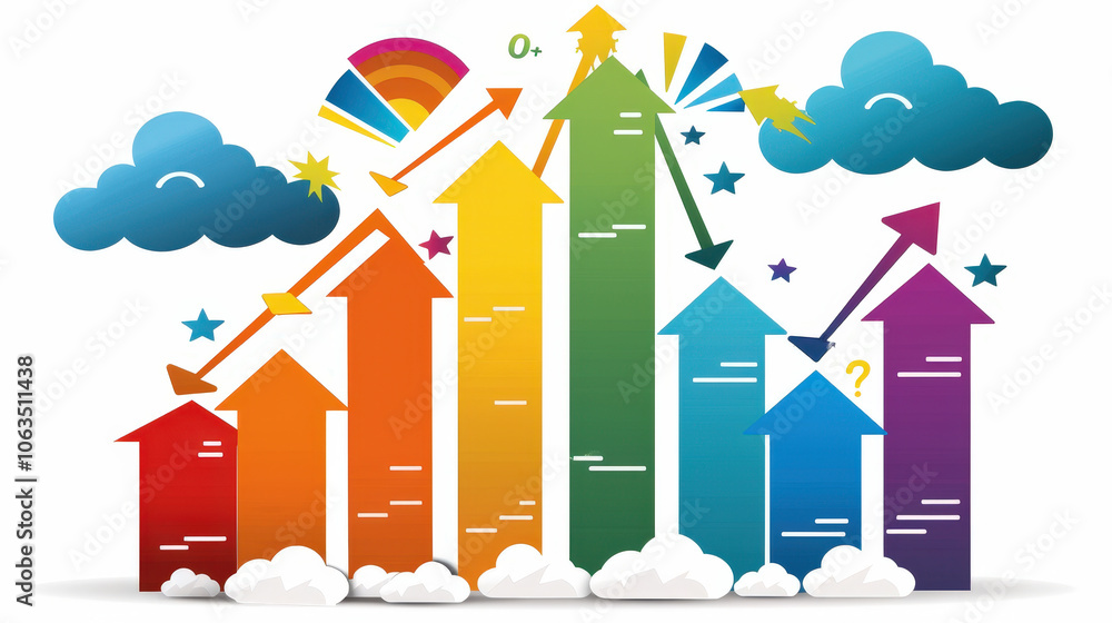 Aufkleber colorful bar chart with bold data points indicating growth and progress, featuring arrows and whimsi
