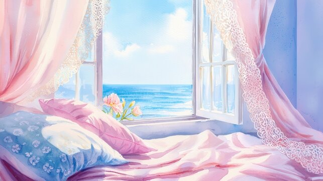 Cozy window view with sea, soft pillows, and pink curtains, inviting serenity and peace.