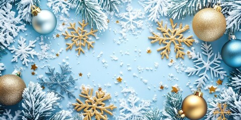Fototapeta premium Wishing you a Merry Christmas and a Happy New Year! This holiday card features light blue and gold snowflakes, sparkling snow, and festive decorative elements perfect for the season.