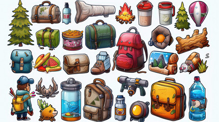 Outdoor adventure gear and items are illustrated in vibrant and playful style, showcasing backpacks, camping essentials, and nature elements. Perfect for travel enthusiasts!