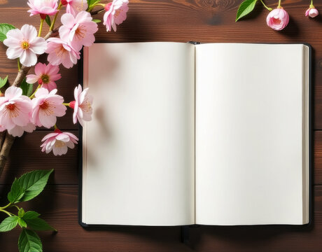 open menu or book with clean white sheets on brown table, cherry blossom branch nearby - Powered by Adobe