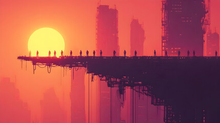 Fototapeta premium Silhouettes on a Floating Platform in a Futuristic City at Sunset, cityscape, skyscraper, building, urban, modern