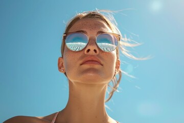 A woman in a bikini and sunglasses enjoys a sunny day outdoors, reflecting the bright sky and sea in her lenses.