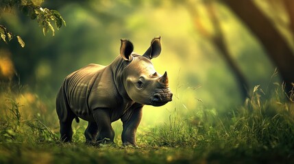 Obraz premium Adorable baby black rhino using its trunk to search for its mother in a serene environment, highlighting the endearing qualities of young wildlife with ample photo style copy space.