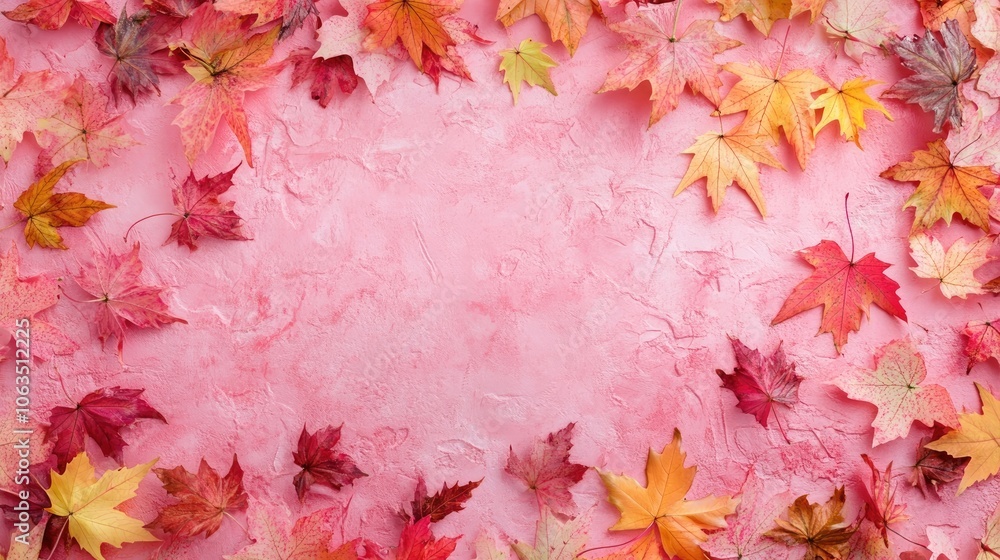 Poster horizontal composition of pink backdrop adorned with vibrant maple leaves, creating a visually appea