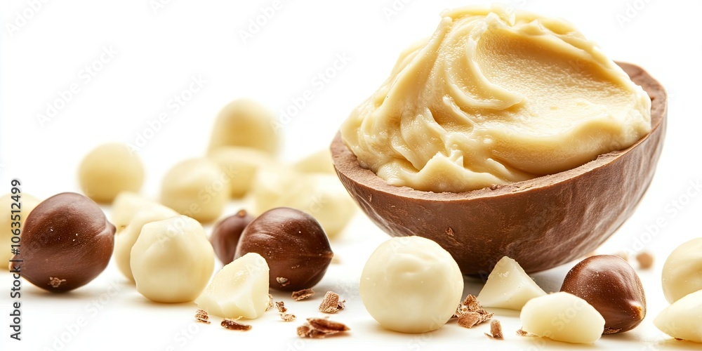 Poster cream made from macadamia nuts set against a pure white backdrop emphasizes the delightful texture a
