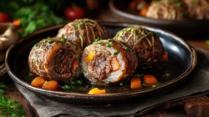 Authentic Scottish haggis recipe created from traditional ingredients, capturing the essence of haggis with a unique presentation. Ideal for culinary enthusiasts with ample copy space.