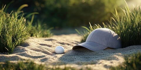 Obraz premium Golf cap and ball resting in a sand trap, beautifully illustrating a serene moment on the course, creating a tranquil scene amidst the game.