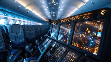 Obraz premium modern airplane cockpit featuring advanced digital displays and controls, showcasing flight data and navigation systems. ambiance is illuminated with blue lighting, creating high tech atmosphere