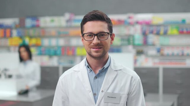 Cheerful male pharmacist wearing glasses. Man druggist standing at drugstore. Smiling man wearing white gown and posing at background of medicine and colleague. Pharmacists in pharmacy.