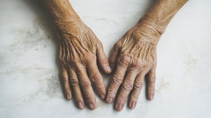 Closeup of the hands of a senior couple resting on a white surface, symbolizing love and connection. The image captures the warmth of senior couples hands, with copy space available.
