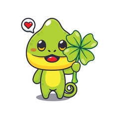 Chameleon with clover leaf cartoon vector illustration