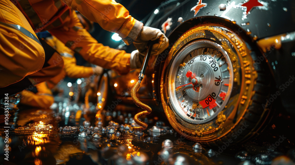 Aufkleber mechanic is checking tire pressure on car, ensuring safety and performance. scene is illuminated wit