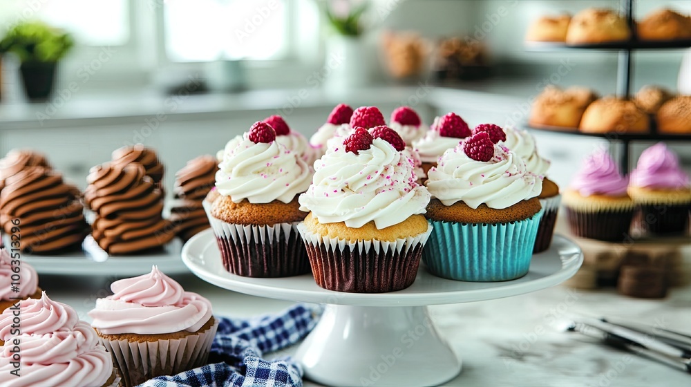 Poster A dessert table displays an array of cupcakes and cookies, creating a warm family ambiance in a sunlit kitchen. The vibrant cupcakes and cookies invite a delightful experience with ample copy space.