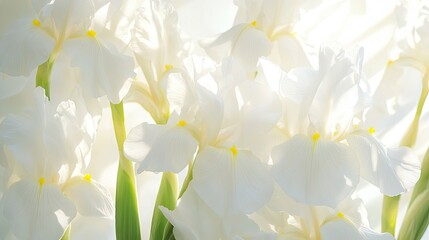 Fototapeta premium Close-up nature image of white wild lubeliae belonging to the iris family. This photo captures the essence of white wild lubeliae, with ample space for additional content.
