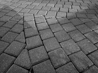 A black and white image showing a textured surface of interlocking pavement stones. The stones are...