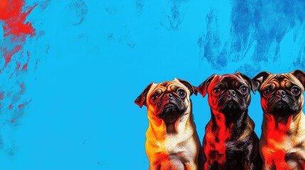 Vibrant family portrait of double colored dogs, featuring pugs against a striking blue background accented by fiery red elements, with space for text and design.