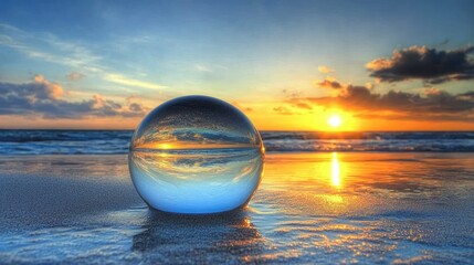 Obraz premium Playa in lensball during golden hour, sunset , Beach, lensball, reflection, sunset, ocean, sand, horizon, peaceful. 