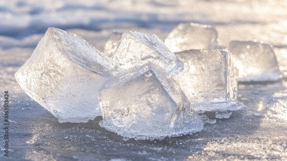 Poster close-up image of ice chunks resting on a frozen surface, capturing the intricate details of winter.
