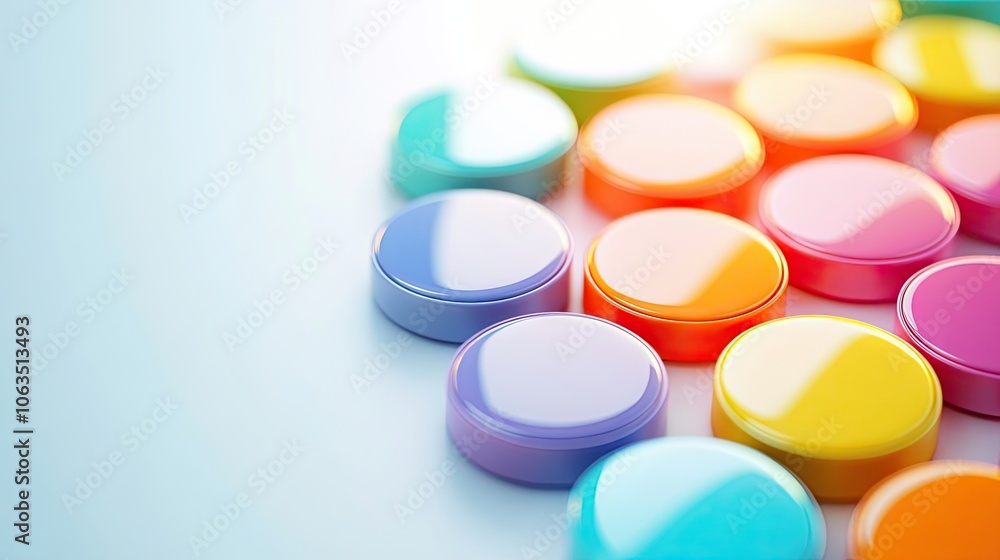 Poster colorful round buttons in a variety of bright hues are arranged harmoniously on a clean white surfac