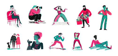 Naklejka premium A set of cartoon drawings of people in green and red hues isolated on white. A collection of men and women doing everyday activities and daily routines. AI-generated illustrations