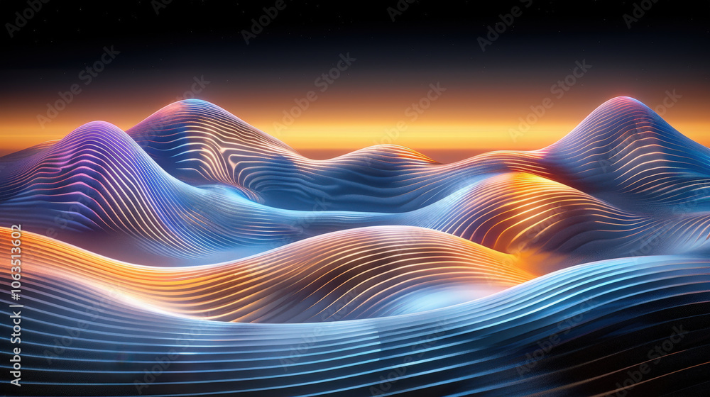 Poster stunning abstract landscape featuring flowing waves of light and color, creating serene and futurist