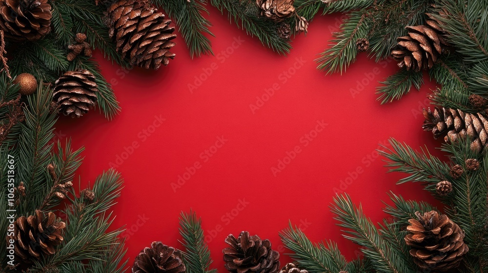 Poster winter holiday frame crafted from fir tree branches and pine cone decorations against a vibrant red 