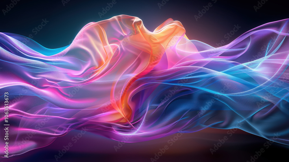 Poster vibrant and dynamic abstract composition featuring flowing waves of colorful fabric. interplay of li