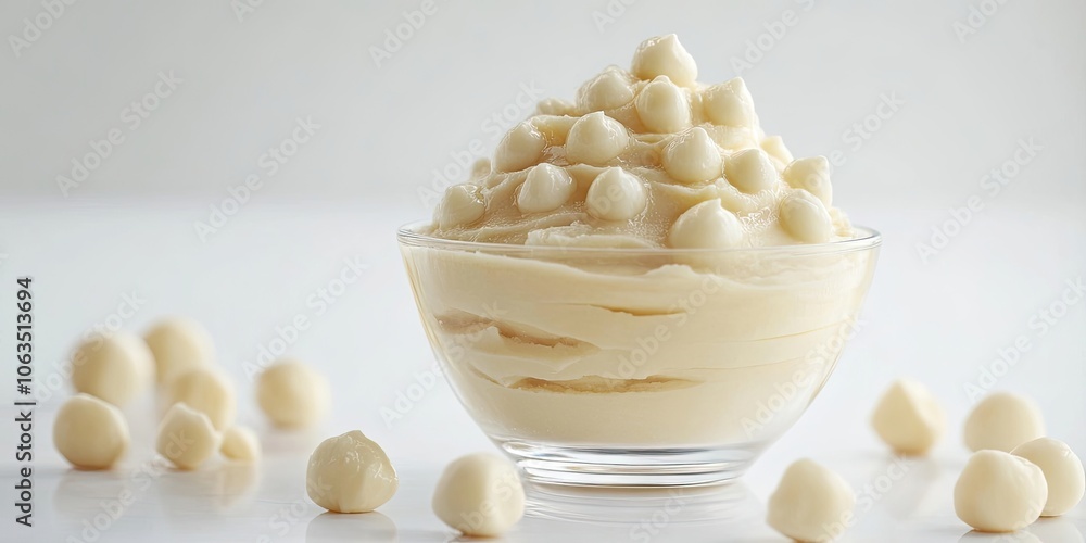 Poster cream made from macadamia nuts set against a pure white backdrop emphasizes the delightful texture a