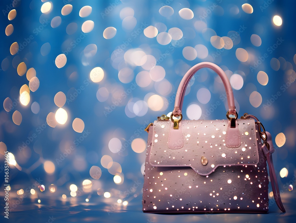 Aufkleber a stylish handbag with a sparkling design set against a blurred bokeh background.