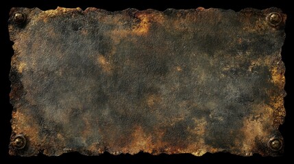 Naklejka premium Old weathered copper metal texture reveals a grungy, rusty appearance against a dark black background. This industrial metal texture is ideal for poster designs, offering ample space for text.