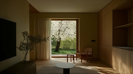Fototapeta premium Minimalist Living Room with Natural Light and View of Spring Tree, interior design, modern, contemporary, wood, wooden
