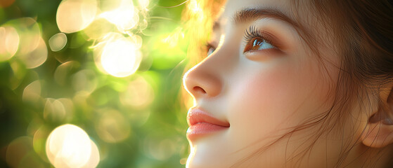 Fototapeta premium woman gazes upward with serene expression, surrounded by soft, glowing bokeh lights and lush greenery, creating dreamy and peaceful atmosphere