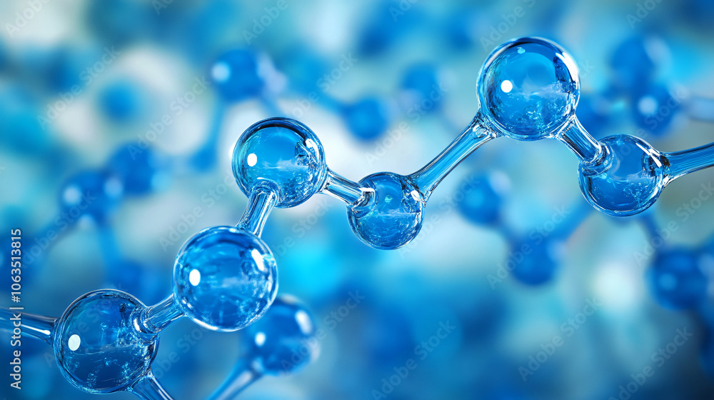 Poster 3d render of a molecule structure connecting with other molecules in the background on a blue backgr