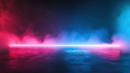 Minimalist laser spotlight creates a vibrant neon pink and blue gradient in a foggy atmosphere. This dark background enhances the colorful neon effect for a stylish abstract look.