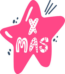 Pink star with xmas lettering. Hand drawn Christmas poster