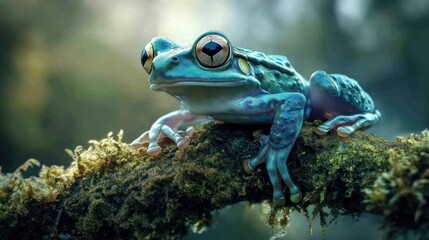 Obraz premium A vibrant blue and green frog with large eyes sits on a moss-covered branch.