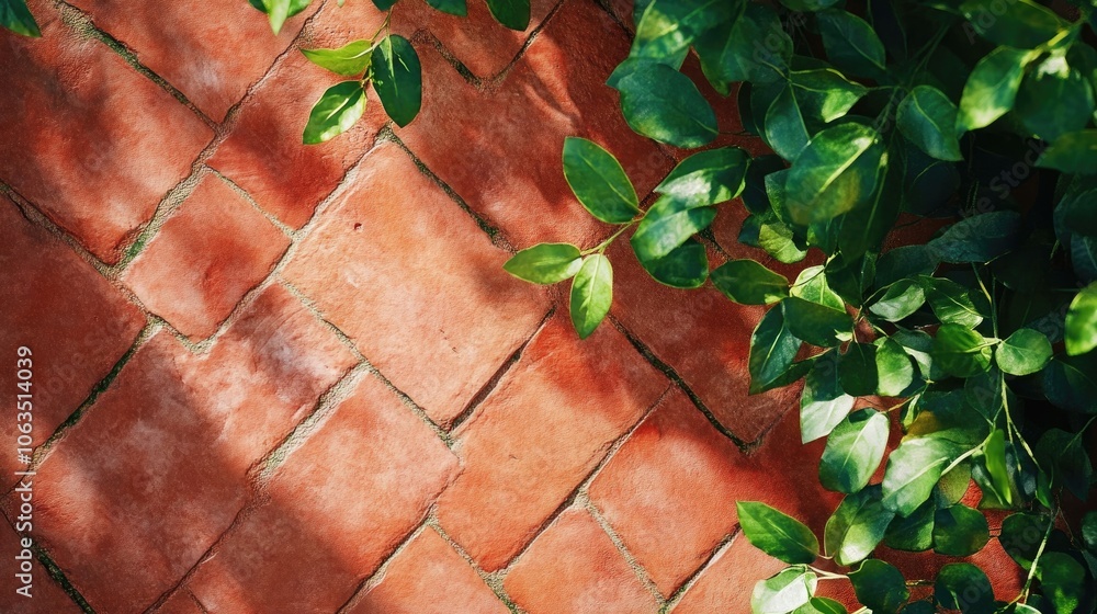 Poster red stone floor texture combines beautifully with vibrant green leaves, creating a harmonious visual