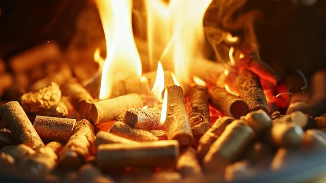 Wooden pellets burning in a cozy fireplace during winter, providing warmth and ambiance to the indoor living space
