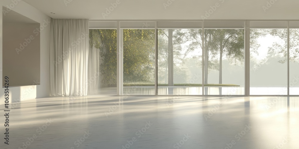 Poster an empty room featuring a bright white interior with large windows and a minimalistic design creates