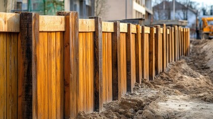 Temporary wooden fence around a construction site creates a distinct boundary, emphasizing the construction site with a rustic touch, complemented by ample photo style copy space.