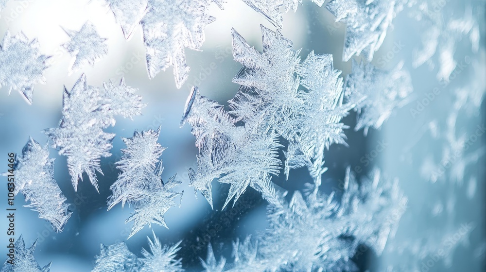 Poster close-up view through cracked and frosted glass of a broken window, capturing the intricate frost pa