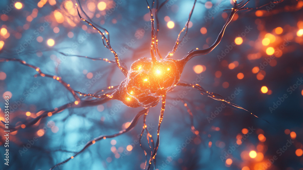 Aufkleber 3d visualization of a neuron firing and transmitting signals in the brain, highlighting the complex 