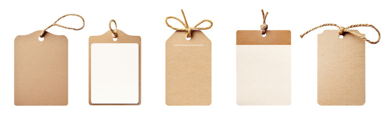 Collection, set of blank brown and white paper tags, labels with rustic twine, perfect for labeling or gift wrapping. Isolated cutout on transparent or white background.