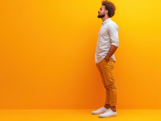 A person in a white shirt and yellow pants stands confidently against a vivid orange background, showcasing a modern and vibrant aesthetic.