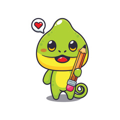 Chameleon holding pencil cartoon vector illustration