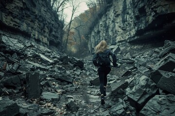 A woman runs through a rocky canyon, surrounded by rugged cliffs and a moody, overcast sky.