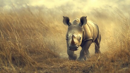 Adorable baby black rhino using its trunk to search for its mother in a serene environment, highlighting the endearing qualities of young wildlife with ample photo style copy space.