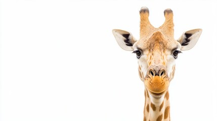 Fototapeta premium Close-up portrait of a highly detailed African giraffe against a white background, capturing the unique features of this majestic animal with ample copy space for design.