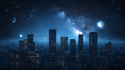 Fototapeta premium Cityscape Under a Starry Night Sky, stars, milky way, galaxy, moon, cityscape at night